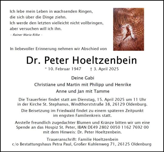 Traueranzeige - Peter Hoeltzenbein